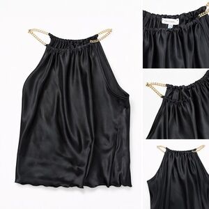 REVOLVE Black Satin Camisole with Gold Chain Straps